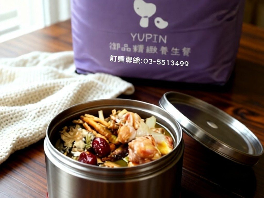 御品月子餐以不鏽鋼保溫罐盛裝,搭配紫色保溫袋配送