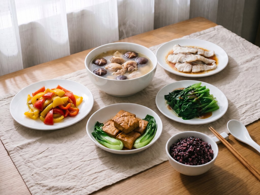 養生餐示意：黑米飯、時蔬與湯品示意